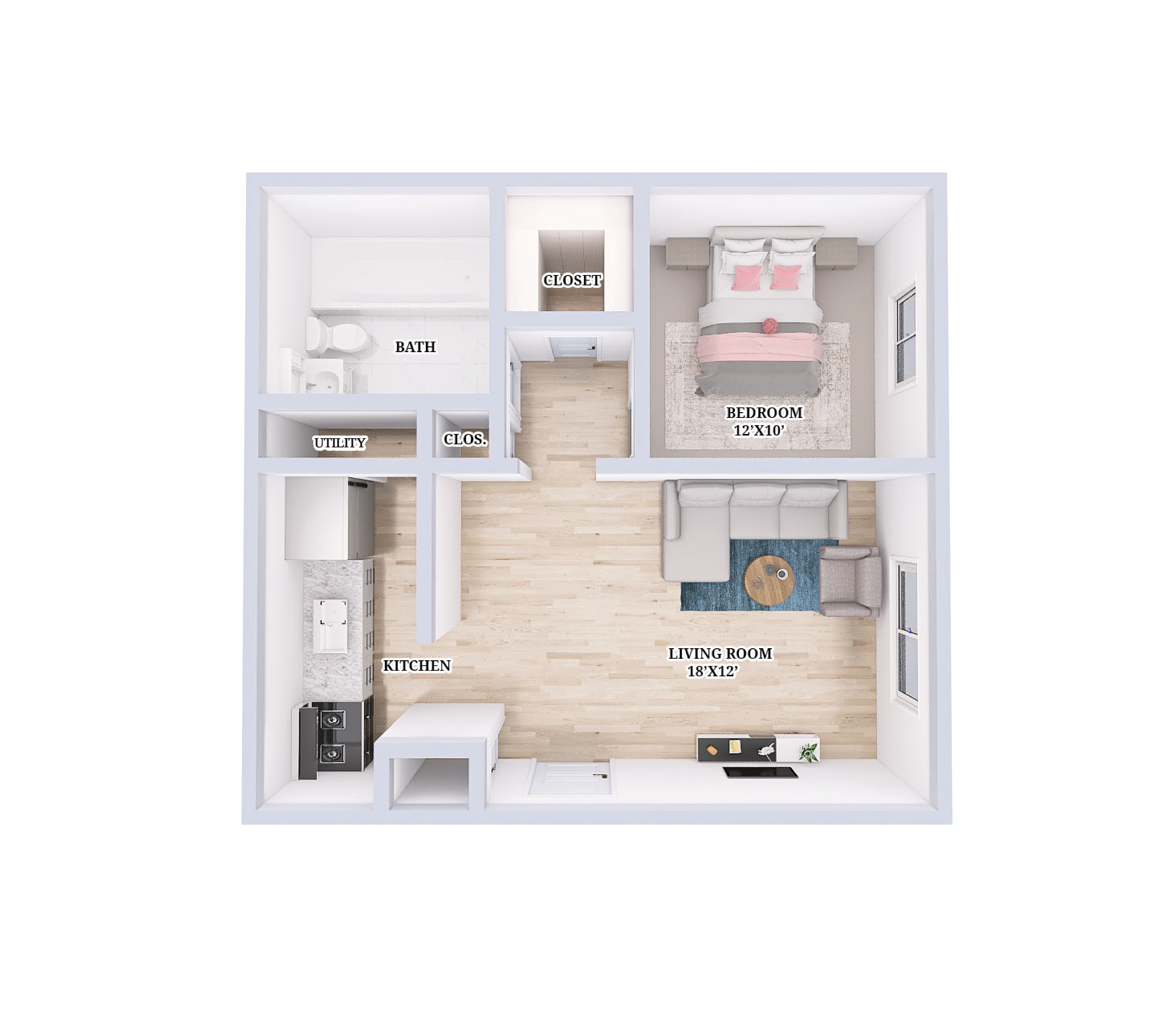 Floor plan for 1 bed, 1 bath, 600 sqft